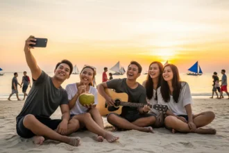 Filipino friends enjoying Boracay’s White Beach sunset on a budget 2025 trip.