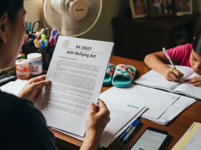 bullying law philippines Filipino parent reviewing bullying law Philippines RA 10627 at home.