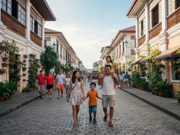 calle crisologo vigan family A family traveler enjoying the view of a the cobblestone street of Calle Crisologo in Vigan.
