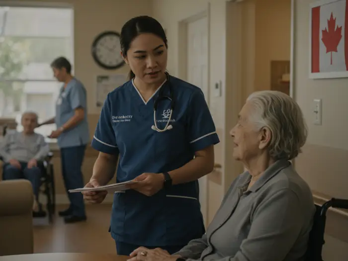 caregiver pathway canada philippines Filipino caregiver providing care in Canada, representing caregiver immigration route.