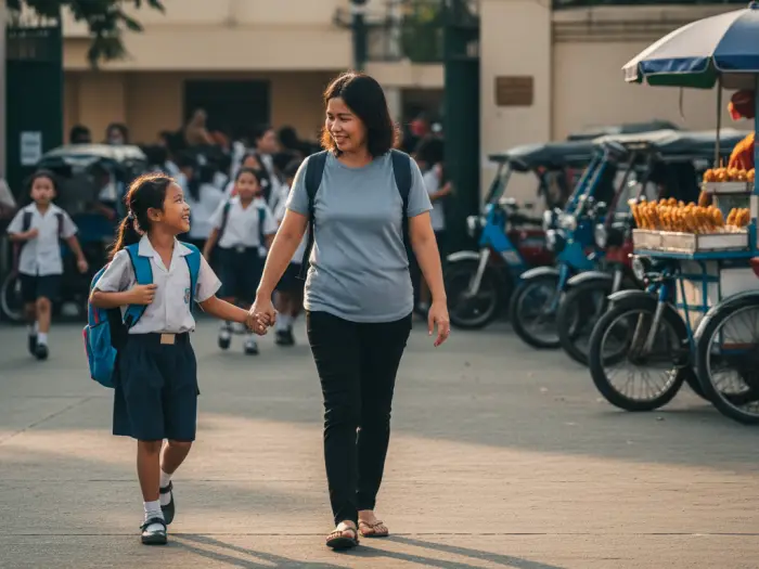 choosing school for child love purpose philippines Filipino parent walking with child after school, symbolizing education options public vs private vs homeschool with love.