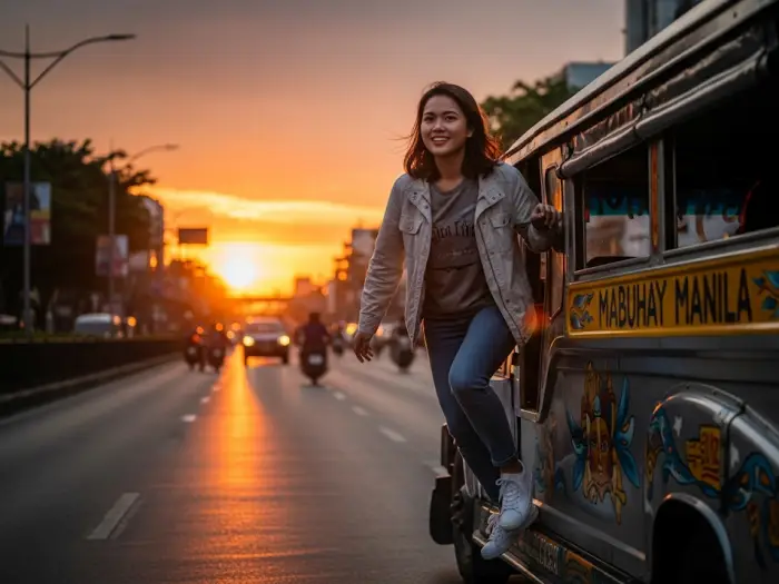 commuter smile jeepney Confident commuter stepping off a jeepney at sunset in the Philippines.