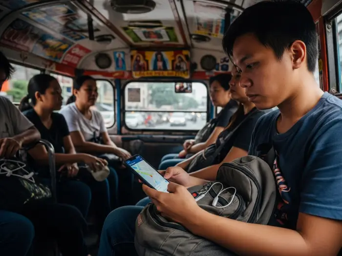 commuter using phone jeepney Filipino commuter using Google Maps inside a jeepney for directions.
