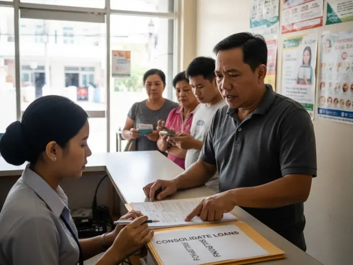 consolidate loans philippines Filipino man in a bank inquiring about consolidate loans Philippines option.