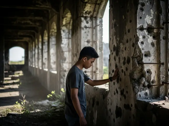 corregidor island mile long barracks remembrance A young student touches the wall of the ruined Mile-Long Barracks on Corregidor Island, reflecting on its history.