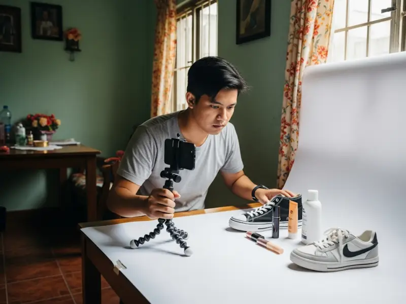 create product listings shopee philippines Filipino Shopee seller photographing products for online store listings.