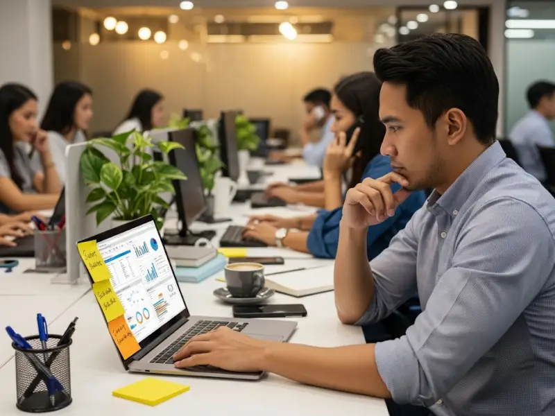 critical thinking filipino work Filipino worker analyzing reports to solve workplace problems.