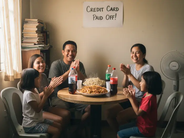debt free steps philippines financial freedom Filipino family celebrating after managing to pay credit card Philippines debt.