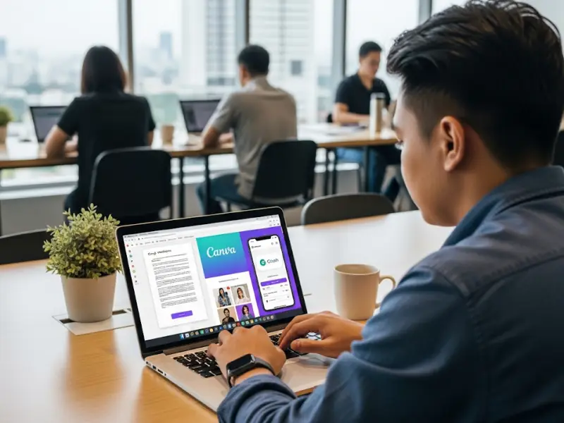 digital fluency filipino professional Filipino professional using digital tools like Google Workspace and GCash.