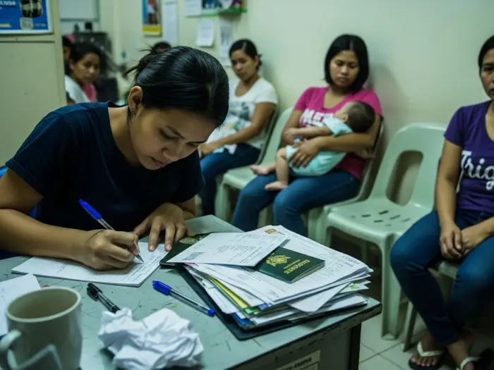 domestic helper application recruitment agency Filipina filling forms at a recruitment agency, with others waiting behind her.
