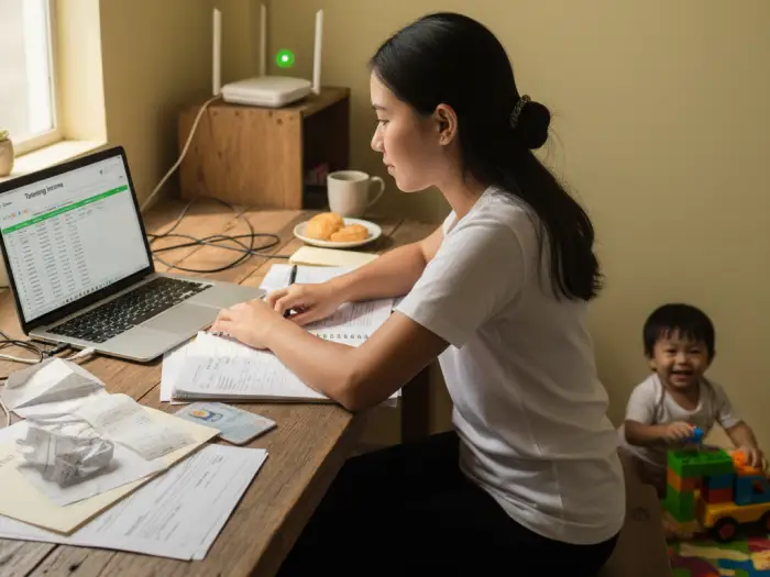 earnings schedule online tutor philippines Filipino online tutor managing earnings and daily teaching schedule at home.