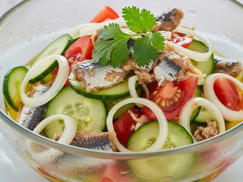 ensaladang sardinas Sardine salad with cucumber, tomato, onion, and calamansi dressing.