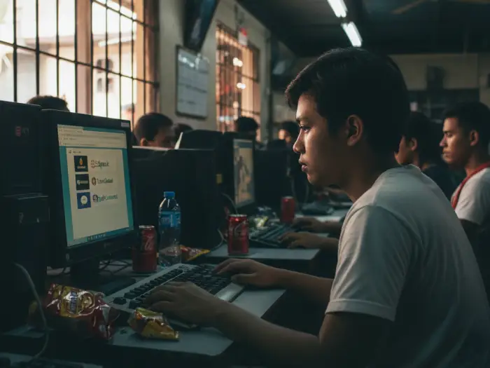 esl platforms pinoy tutors philippines Filipino browsing ESL platforms at an internet café for tutoring jobs in the Philippines.