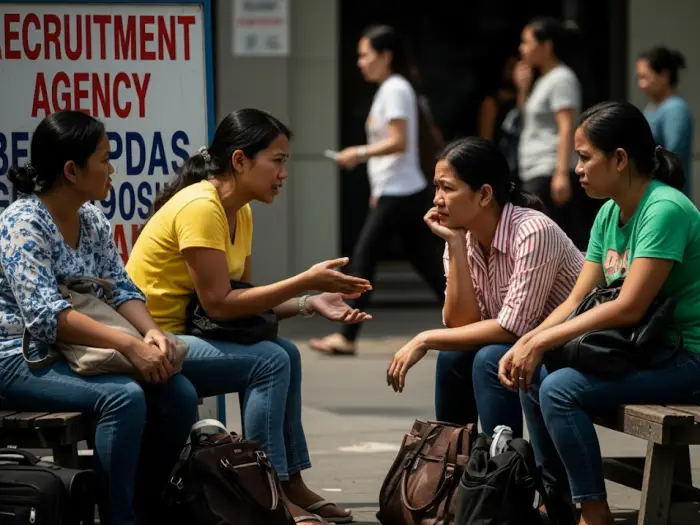 filipina workers discussing salaries benefits abroad Filipina women outside a recruitment agency discussing possible salaries abroad.