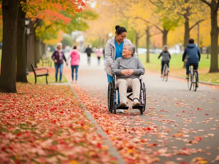filipino caregiver canada 2025 Filipino caregiver in Canada assisting elderly patient in autumn park, 2025