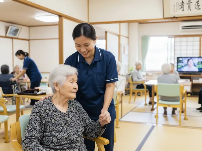 filipino caregiver japan 2025 Filipino caregiver assisting elderly patient in Japanese nursing home, 2025