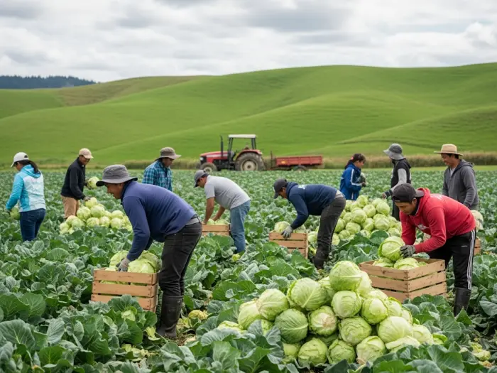 filipino farm workers new zealand 2025 Filipino farm workers harvesting vegetables in New Zealand field, 2025