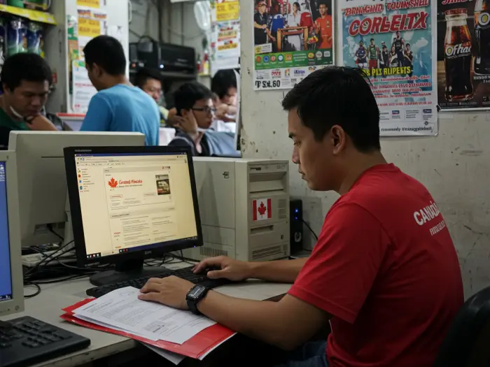 filipino internet cafe pnp canada Filipino migrant hopeful using internet café computer to research Canadian provincial programs.