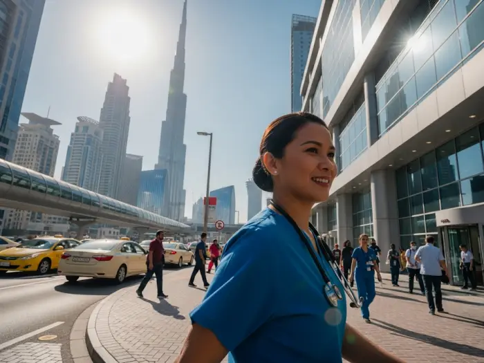 filipino nurse uae dubai 2025 Filipino nurse in Dubai walking outside hospital with Burj Khalifa in background, 2025