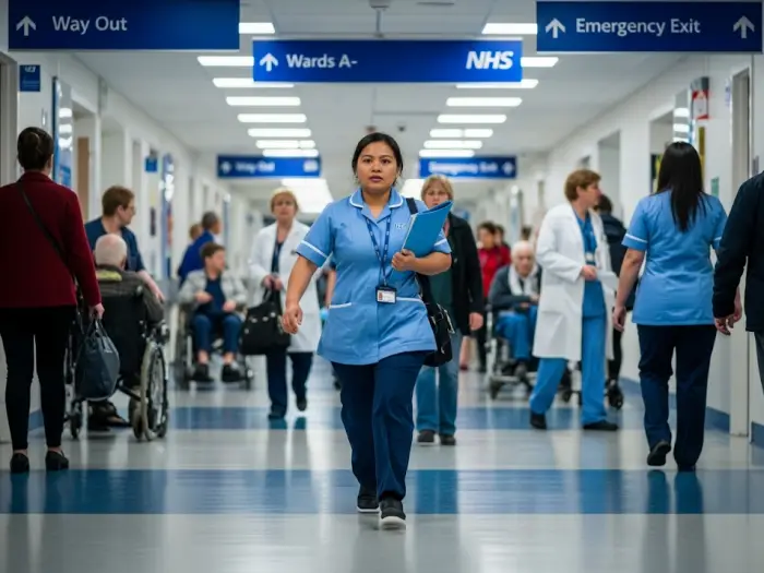 filipino nurse uk nhs 2025 Filipino nurse in NHS hospital corridor in London, United Kingdom 2025