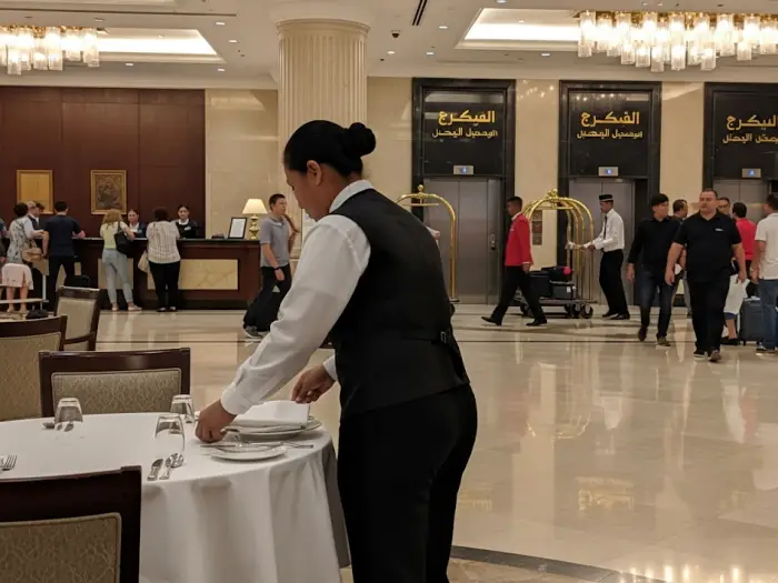 filipino ofw qatar hospitality 2025 Filipino hospitality worker arranging tables in Doha hotel lobby, Qatar 2025