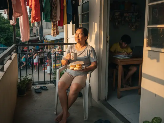 filipino parent self care teen years Filipino mother practicing self-care while her teen studies at home.