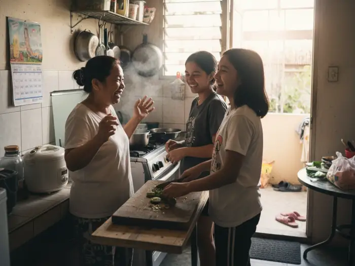 filipino parent teen tips kitchen bond Filipino mother and teenage daughters cooking together in the kitchen, maintaining a strong bond.