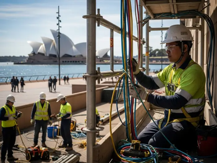 filipino skilled worker australia 2025 Filipino electrician in Sydney working on outdoor wiring, 2025
