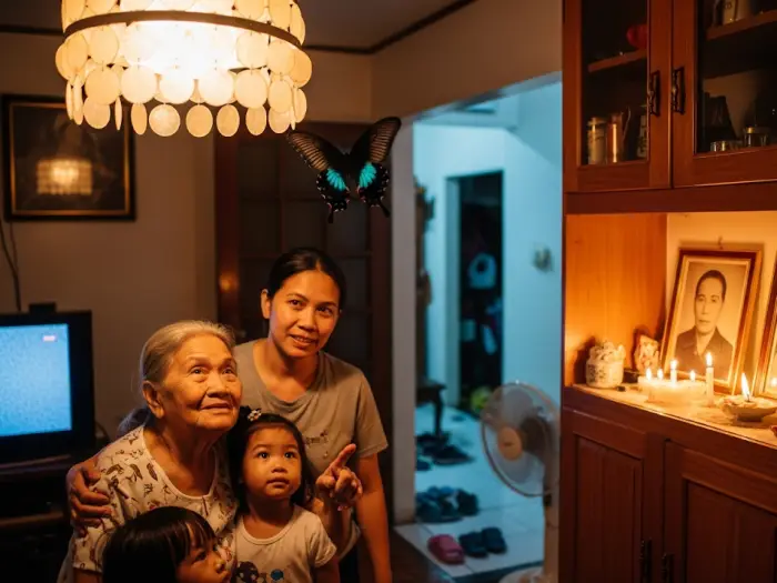 filipino superstition black butterfly ancestor spirit Filipino superstition that a black butterfly flutters near a living room lamp as a Filipino family watches.
