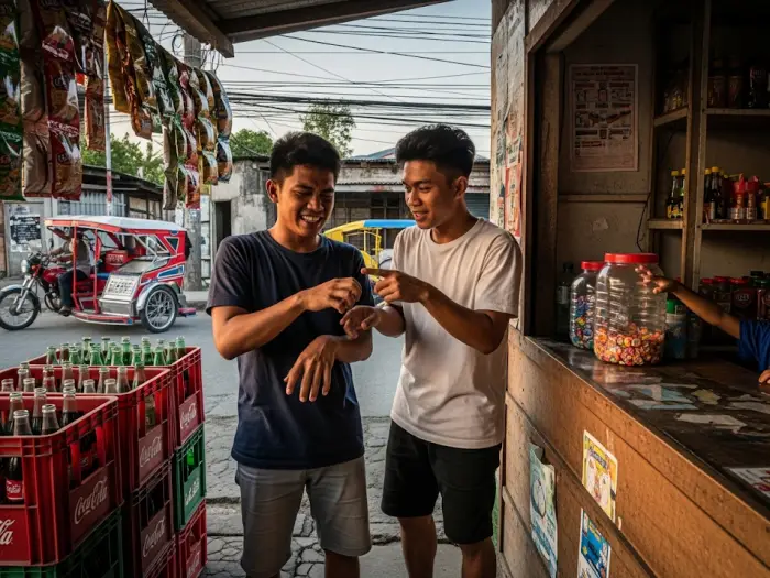 filipino superstition itchy palm money coming A Filipino scratches an itchy palm on a wooden surface as a friend teases about incoming money.