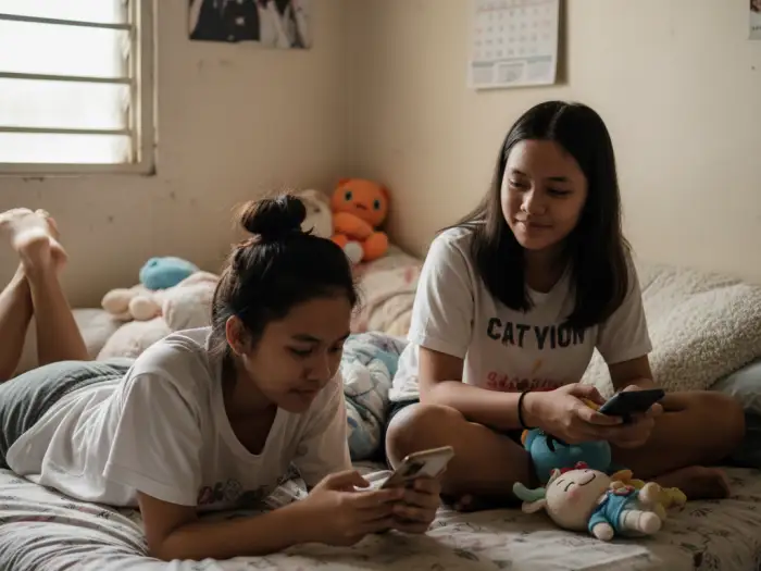 filipino teens cellphone social media balance Two Filipino teenagers relaxing on their bed while busy using cellphones.
