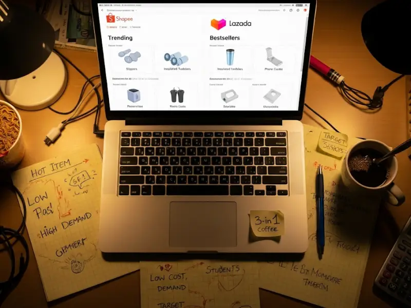 find winning product dropshipping philippines Laptop showing Shopee and Lazada trending products for dropshipping.