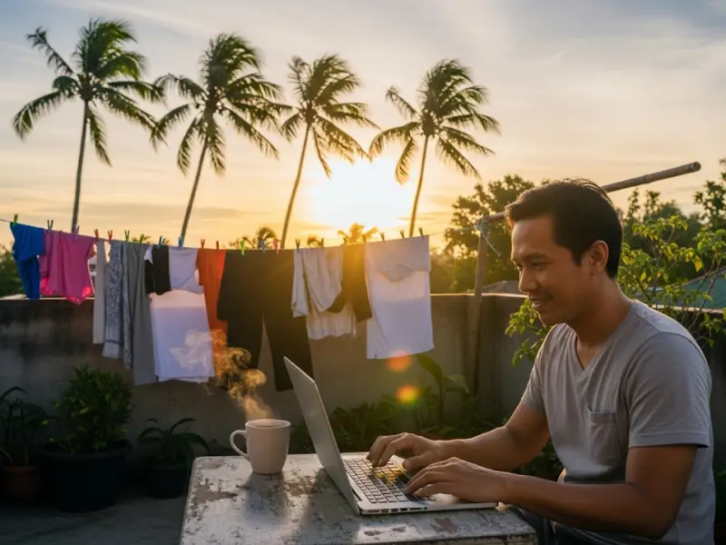 first step to freedom virtual assistant Filipino working on laptop outdoors at sunrise, symbolizing freedom as a VA.