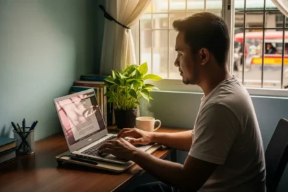 Filipino freelance writer working from home in 2025 with laptop and coffee.