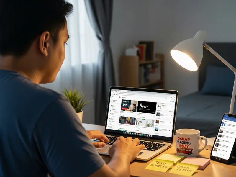 freelance writing jobs philippines for beginners Filipino beginner searching freelance writing jobs on Upwork, Fiverr, and Facebook.