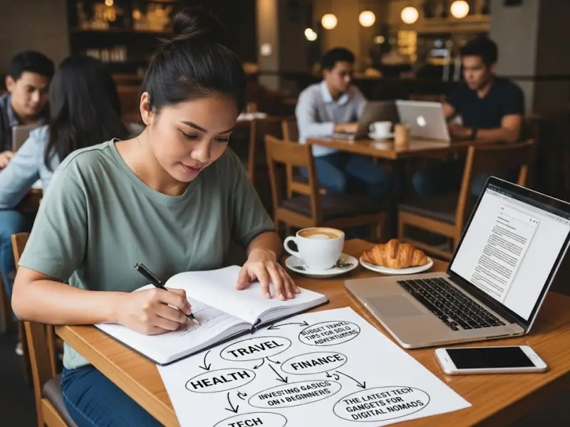 freelance writing niche philippines Filipino writer brainstorming her freelance writing niche in a café.