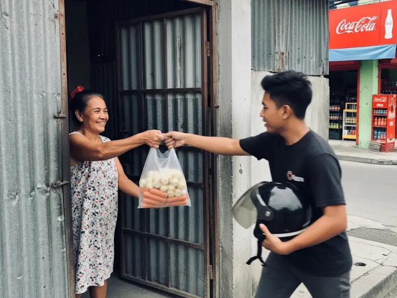 frozen food customer delivery Filipino mother receiving frozen food delivery from a rider at sari-sari store