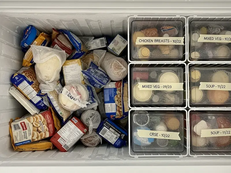 frozen food freezer mistakes freezer comparison showing unorganized frozen stock vs labeled organized packs