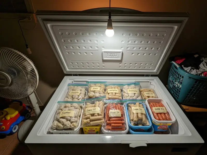 frozen food home freezer inventory chest freezer with labeled frozen siomai, lumpia, and hotdogs in a Filipino home