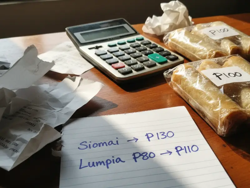 frozen food pricing calculation handwritten notebook showing frozen lumpia and siomai pricing calculation