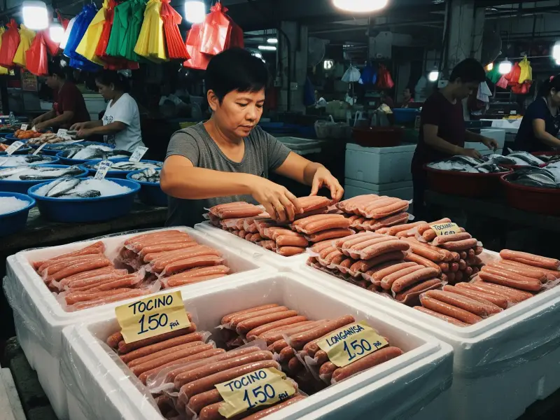 frozen food supplier palengke Filipino supplier arranging frozen tocino and longganisa at a busy palengke