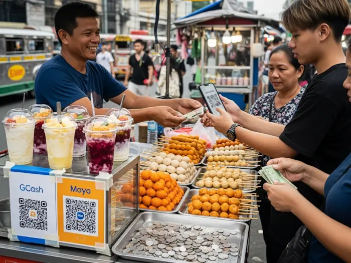 gcash maya payments philippines 2025 Filipino customer scanning a GCash QR code at a street vendor in Manila.