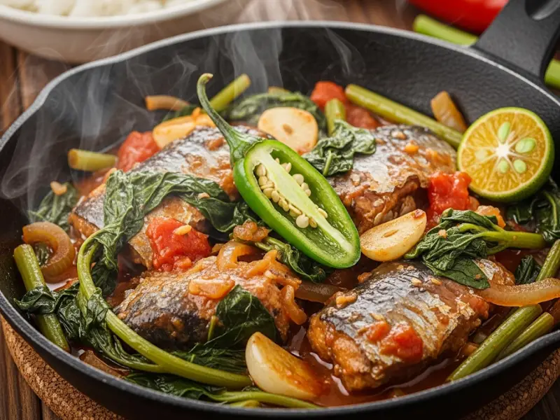 ginisang sardinas pechay Ginisang sardinas with pechay in tomato sauce, garlic, onions, siling haba, and calamansi.