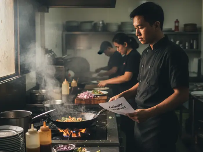 hospitality jobs abroad filipinos Filipino chef in busy kitchen preparing for hospitality jobs abroad.