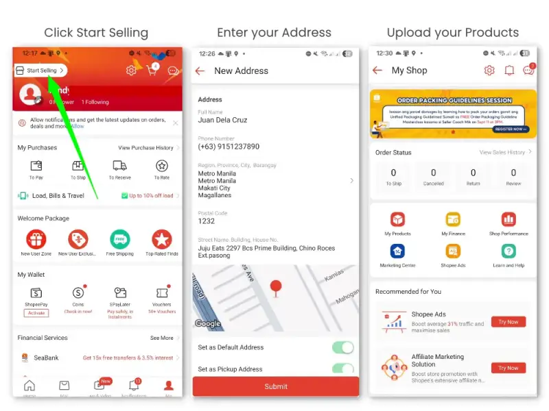 how to register shopee seller account Step by Step screenshot on registering a Shopee seller account on smartphone.