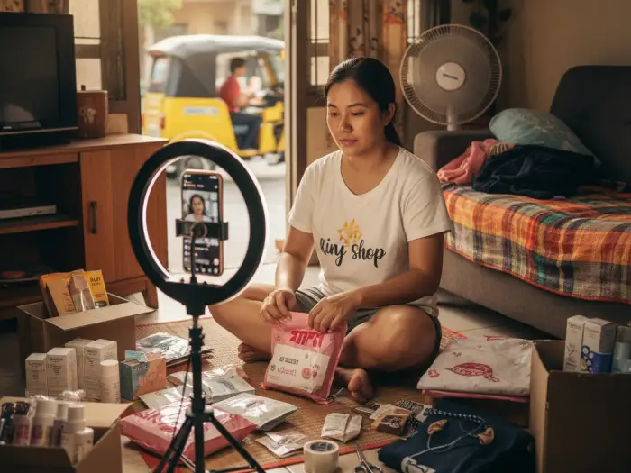 how to sell tiktok shop philippines Filipina seller demonstrating how to sell on TikTok Shop Philippines at home.