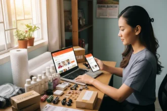 Young Filipino entrepreneur preparing products and setting up Shopee Philippines online store at home, laptop and smartphone on desk.