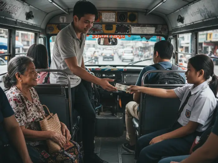 jeepney full passengers etiquette Jeepney passengers showing commuter etiquette by offering seats and passing fare.