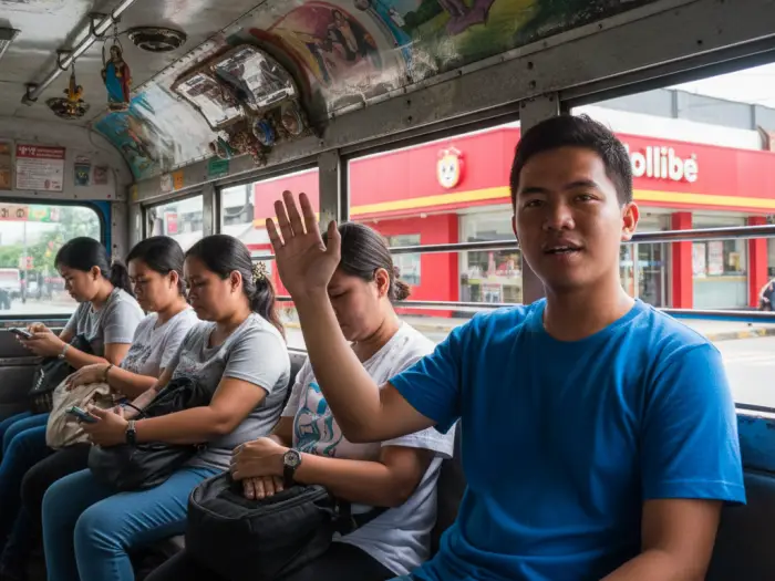 jeepney passenger saying para Jeepney passenger signaling “Para po” to stop at a landmark.