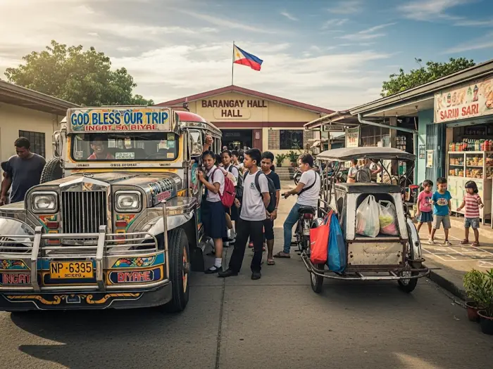 jeepney tricycle cultural icon philippines Jeepney & tricycle outside a barangay hall, symbolizing Filipino culture and daily life.